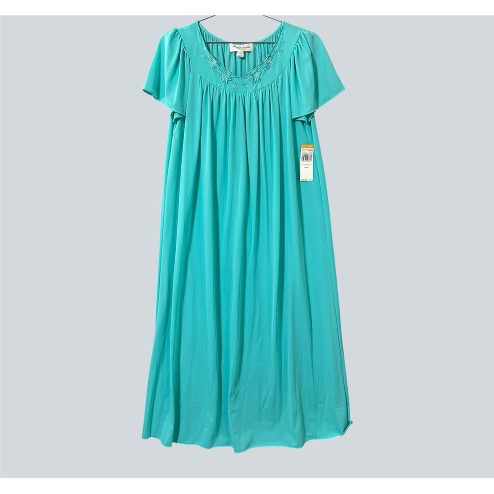 New Miss Elaine Nightgown Women's Small Maxi Long Aqua Floral Embroidery Nylon